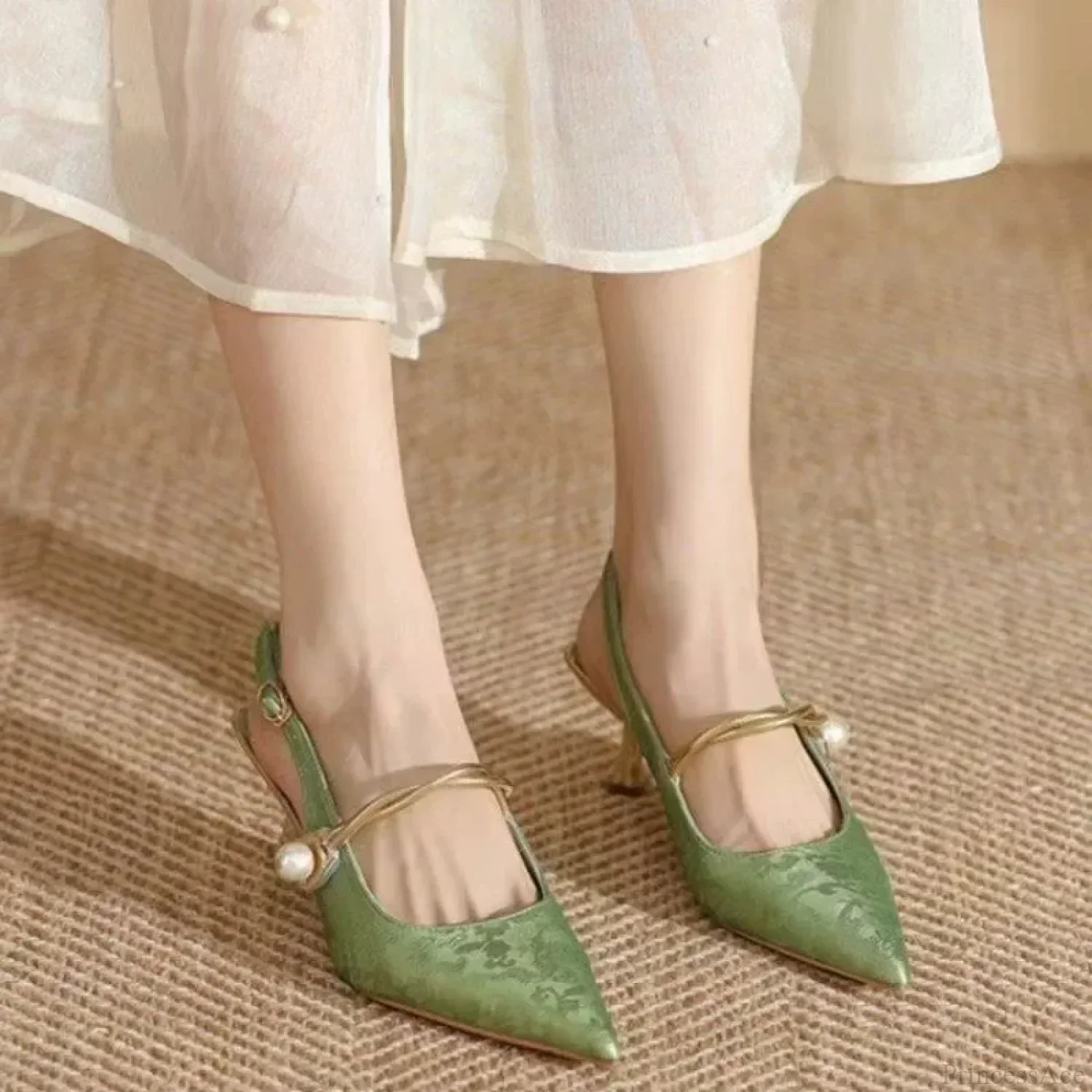 Summer Fashion Pointed Pearl Sexy High Heels Banquet Women Low Heel Pump - Image 4