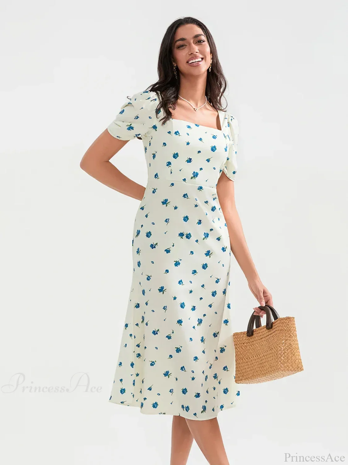Summer Floral Midi Puff Sleeve A-Line Floral Dress