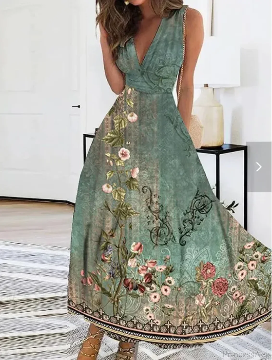 Summer Flower Print Sexy V-neck A-line Floral Dress - Image 3