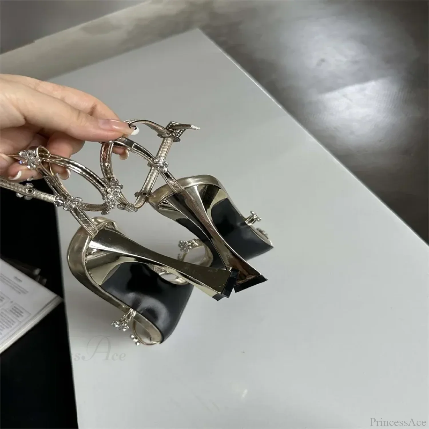 Summer Narrow Band Crystal Buckle Strap Sexy Square Toe Party Dress Low Heel Pump - Image 4
