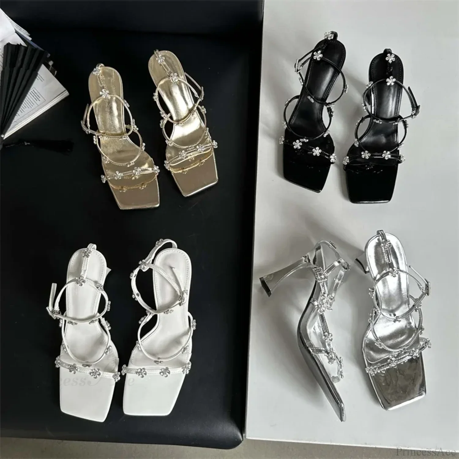 Summer Narrow Band Crystal Buckle Strap Sexy Square Toe Party Dress Low Heel Pump - Image 5