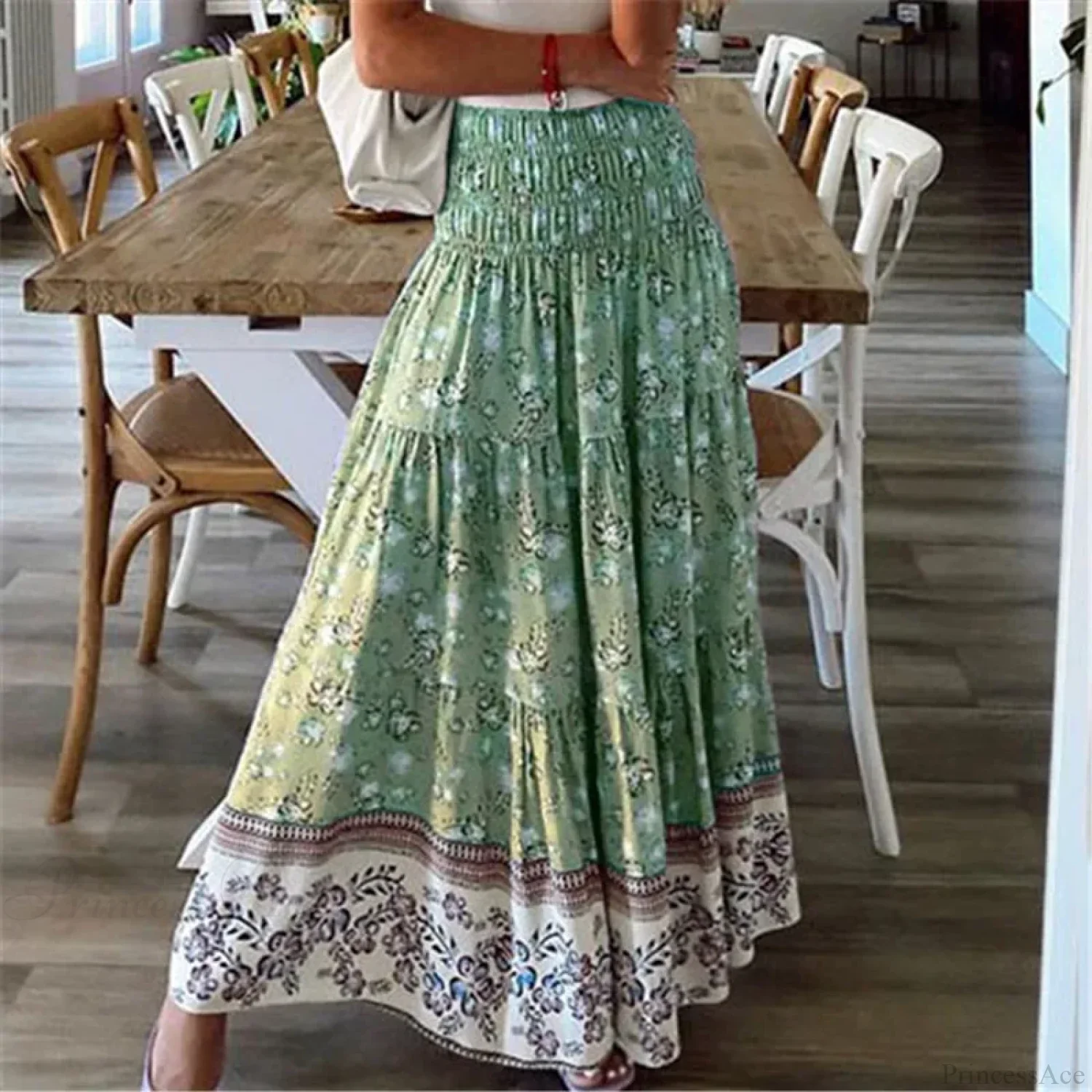 Summer New Women's Printing Skirt Elastic High Waist Pleated Boho - Image 5