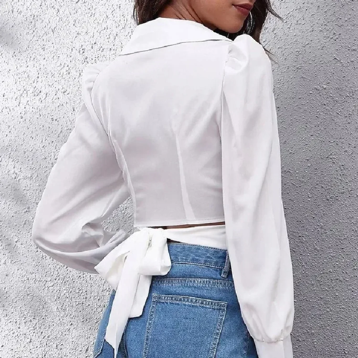 Summer Puff Long Sleeve Cropped Lace-up Blouse - Image 4