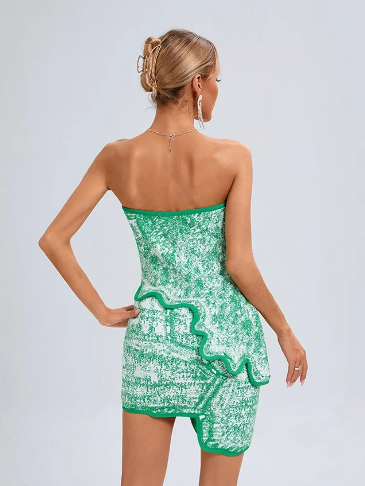 Summer Sexy Asymmetric Strapless Top Mini Skirts Two Piece Party Dress - Image 4
