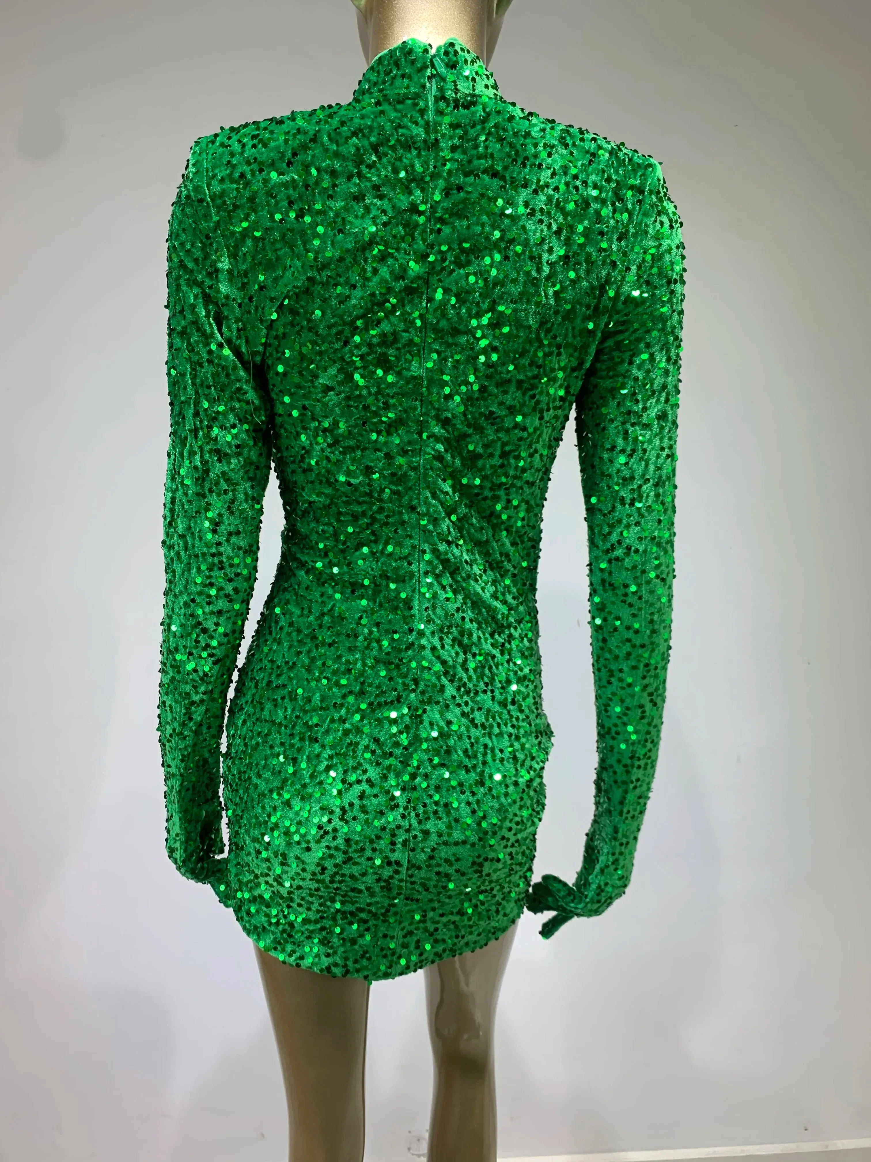 Summer Sexy Turtleneck Long Sleeve Velvet Green Mini Sequins Bodycon Party Dress - Image 4