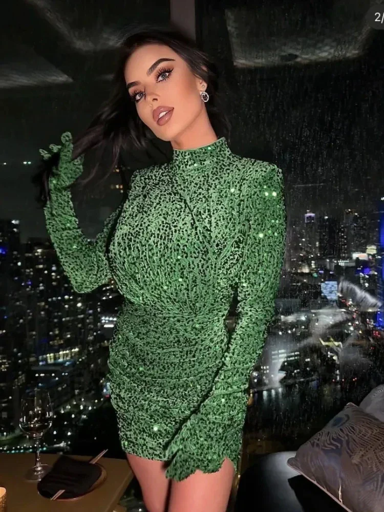 Summer Sexy Turtleneck Long Sleeve Velvet Green Mini Sequins Bodycon Party Dress - Image 7