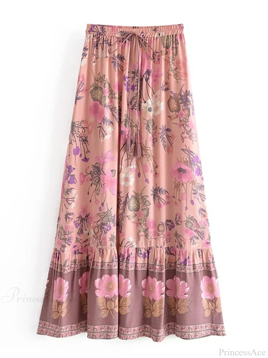 Summer Yellow Floral Print Tassel Beach Bohemian Pleated Rayon Boho Skirt - Image 2