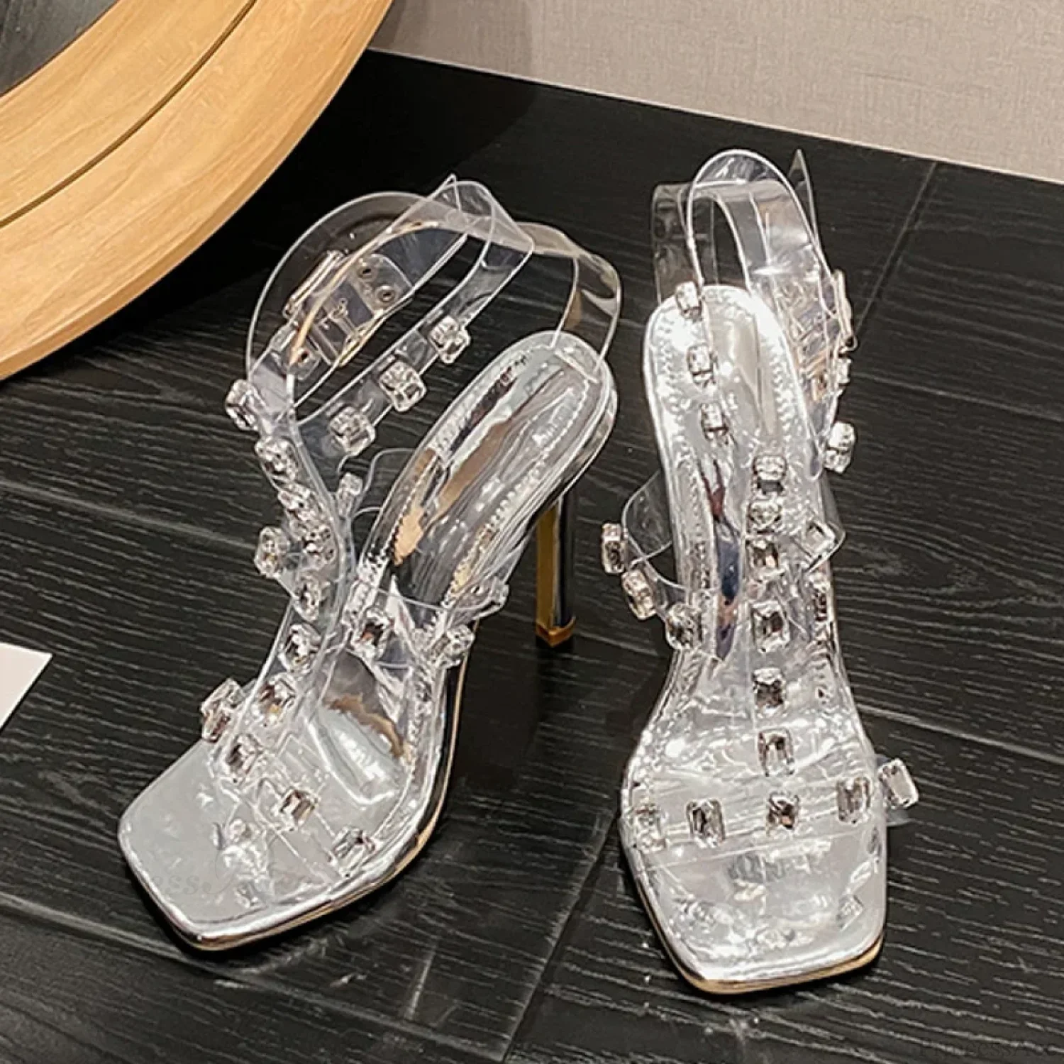 SummerFashion Crystal Diamond Rivet Pvc Transparent Sandals Square-Toe Stripper High-Heels Wedding High Heel - Image 4