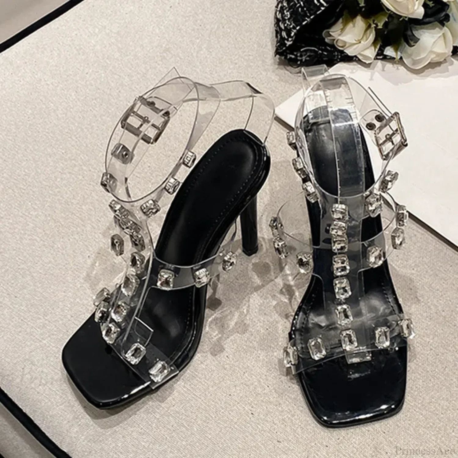 SummerFashion Crystal Diamond Rivet Pvc Transparent Sandals Square-Toe Stripper High-Heels Wedding High Heel - Image 5