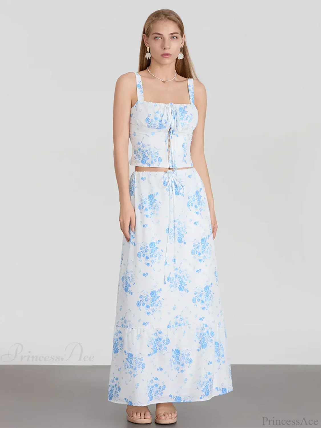 Suspender Crop Tank Top Drawstring A-line Skirt Floral Dress - Image 5