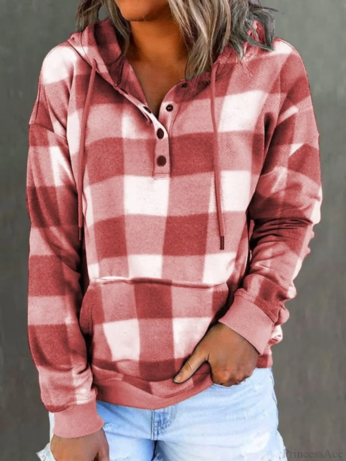 Sweatshirt Hoodie and Women's Front Button Drawstring Plaid with Pocket - Image 3
