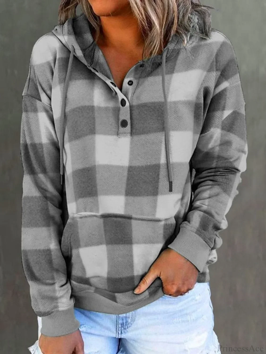 Sweatshirt Hoodie and Women's Front Button Drawstring Plaid with Pocket - Image 4