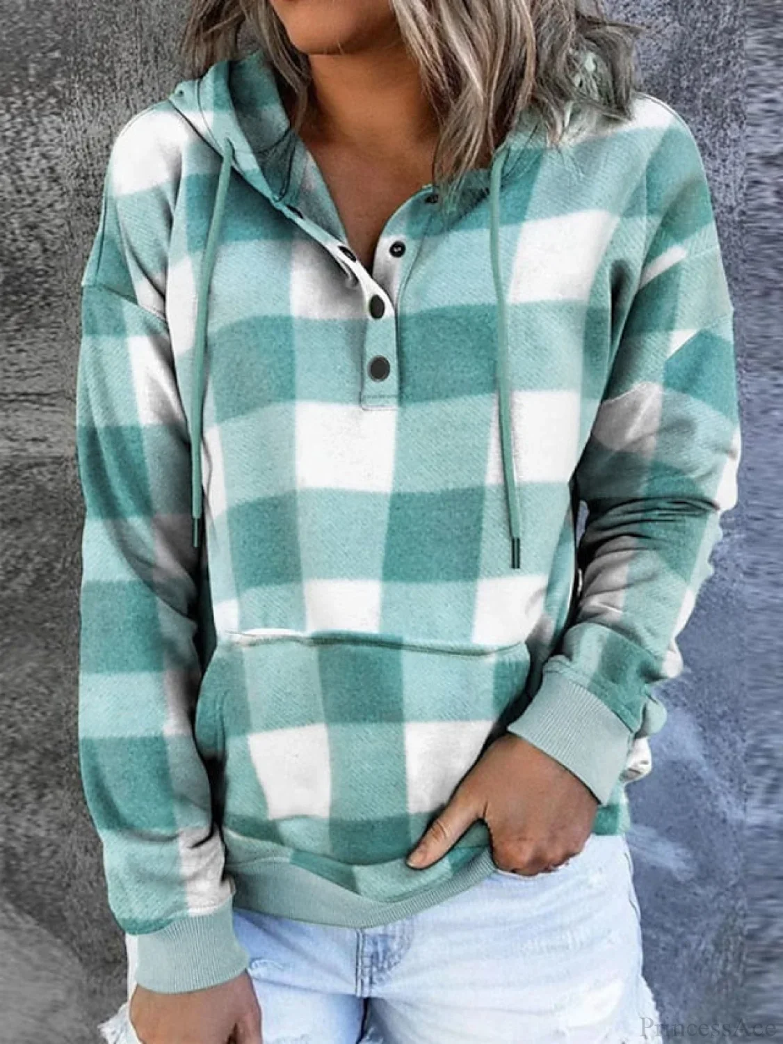 Sweatshirt Hoodie and Women's Front Button Drawstring Plaid with Pocket - Image 6