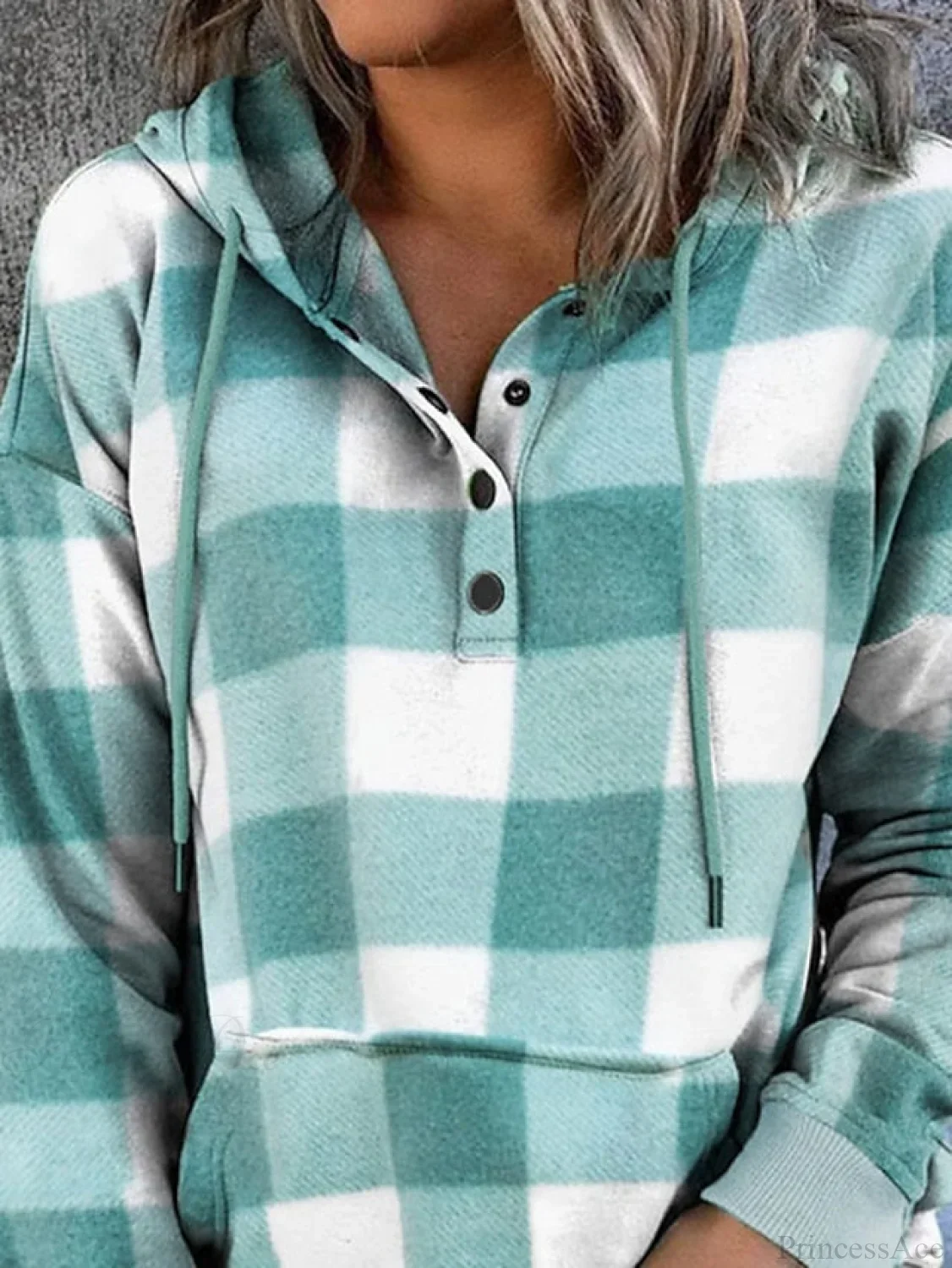 Sweatshirt Hoodie and Women's Front Button Drawstring Plaid with Pocket - Image 7