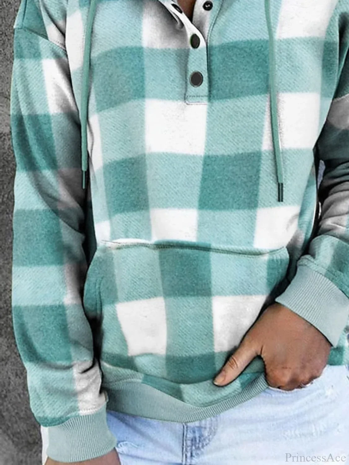 Sweatshirt Hoodie and Women's Front Button Drawstring Plaid with Pocket - Image 8