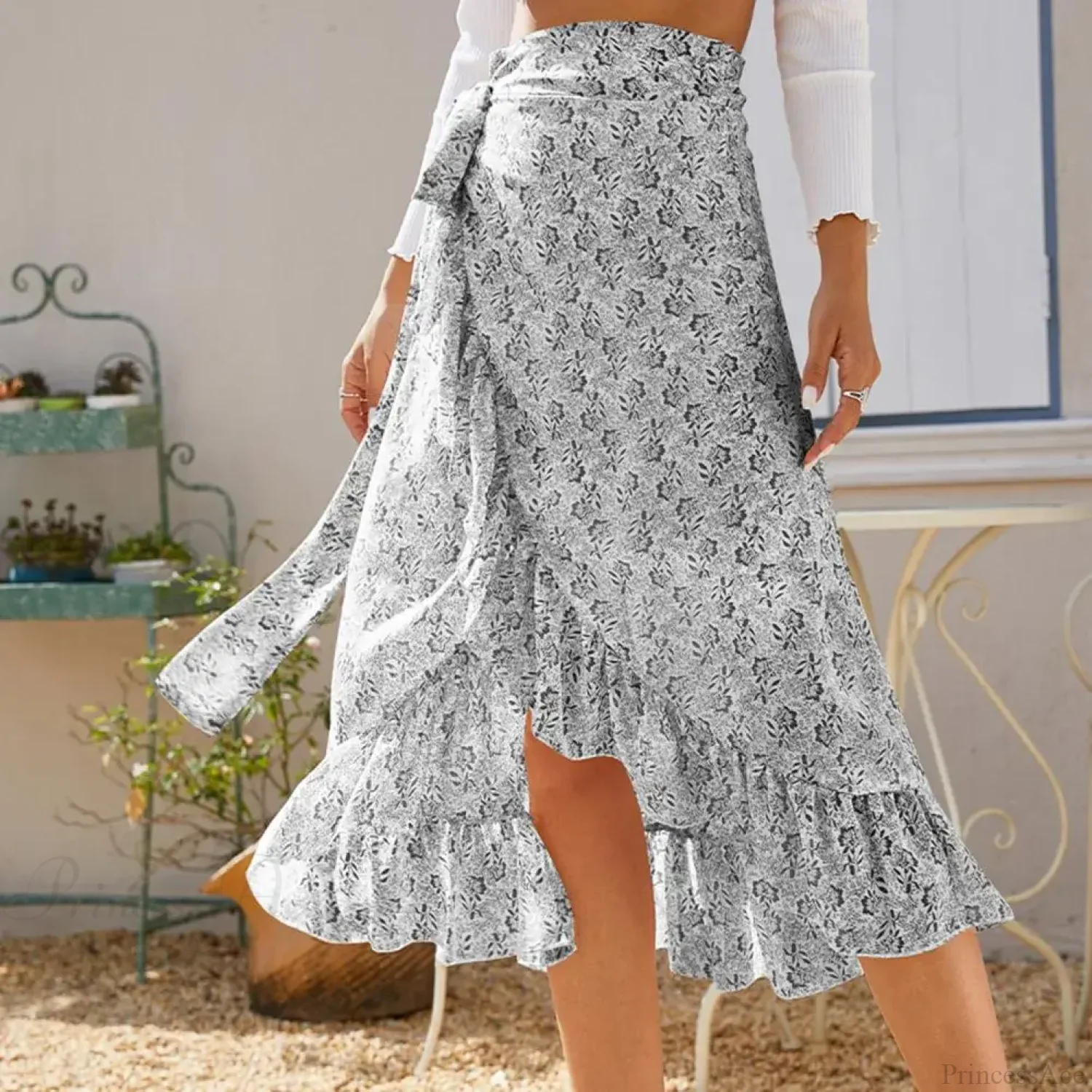 Sweet Breathable Flounce Hemline Slit Design Long Skirt - Image 3