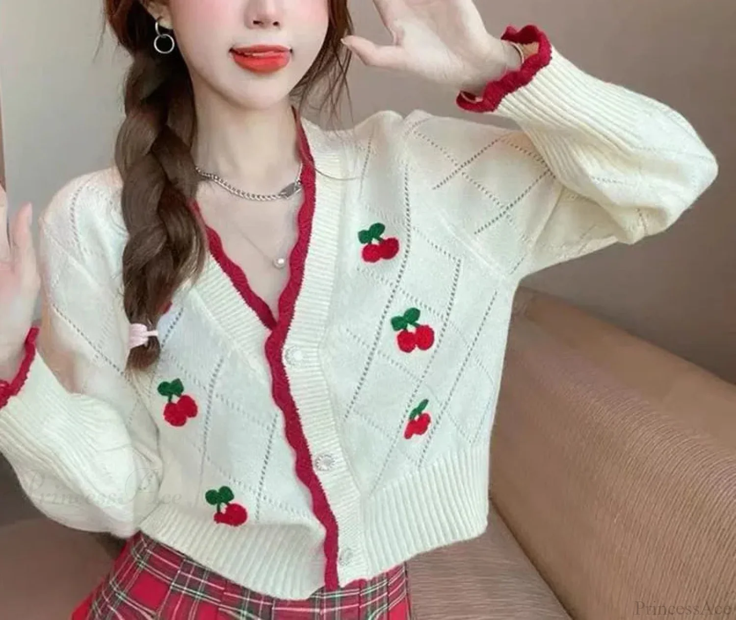 Sweet Cherry Button-Up Patchwork Knit Cardigan - Image 2
