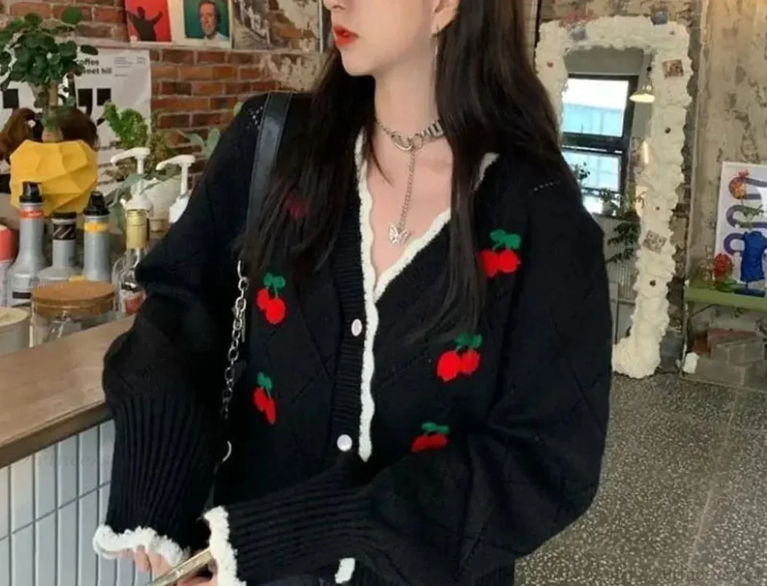 Sweet Cherry Button-Up Patchwork Knit Cardigan - Image 5