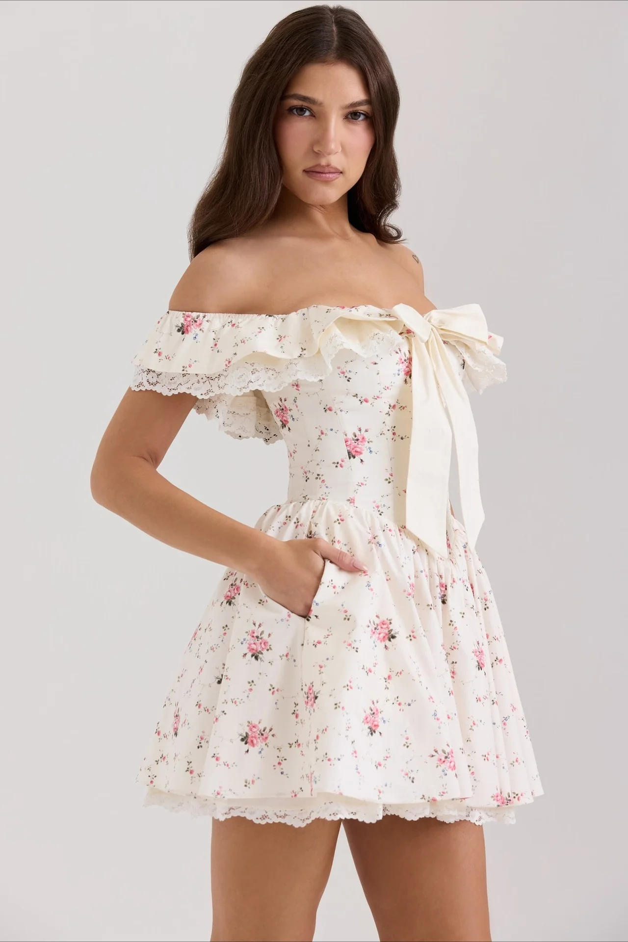 Sweet Floral Bow Off Shoulder Mini Dress - Image 3