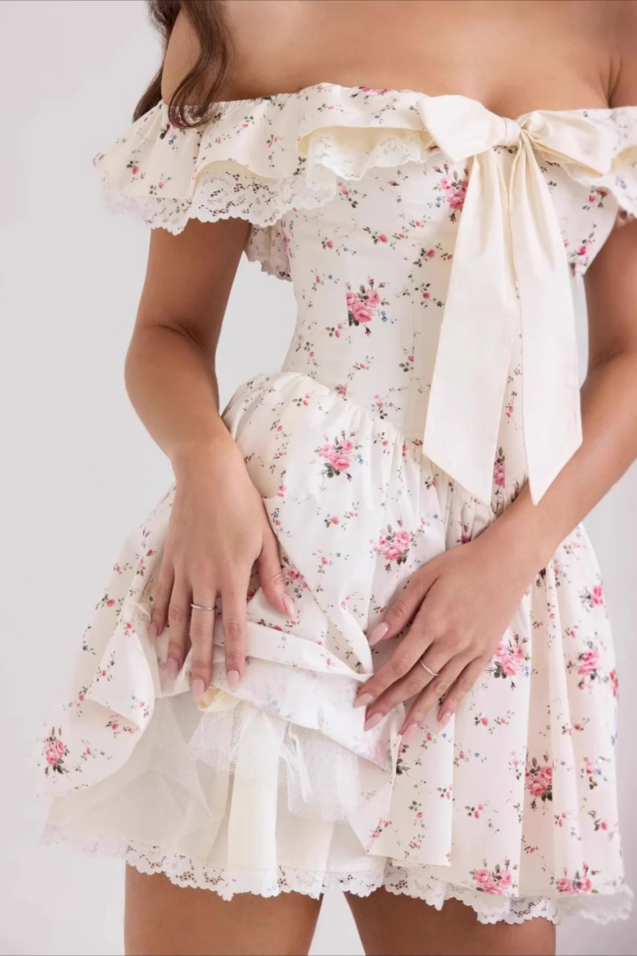 Sweet Floral Bow Off Shoulder Mini Dress - Image 4