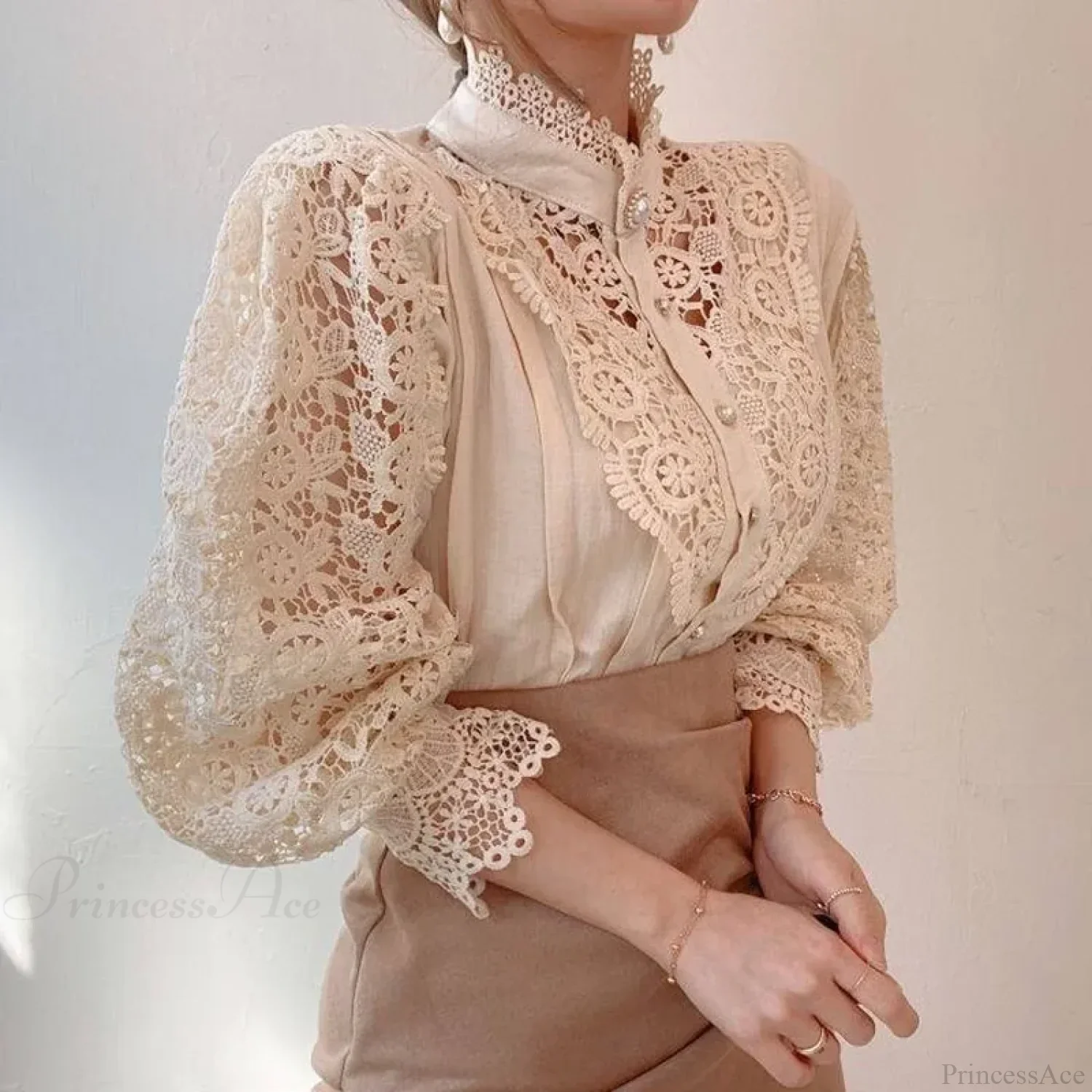 Sweet Hollow Lace Patchwork Button White Blouse - Image 2