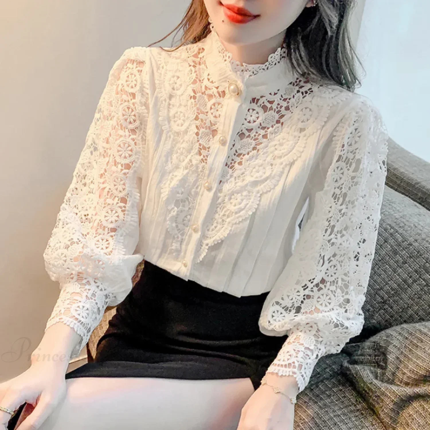 Sweet Hollow Lace Patchwork Button White Blouse - Image 3
