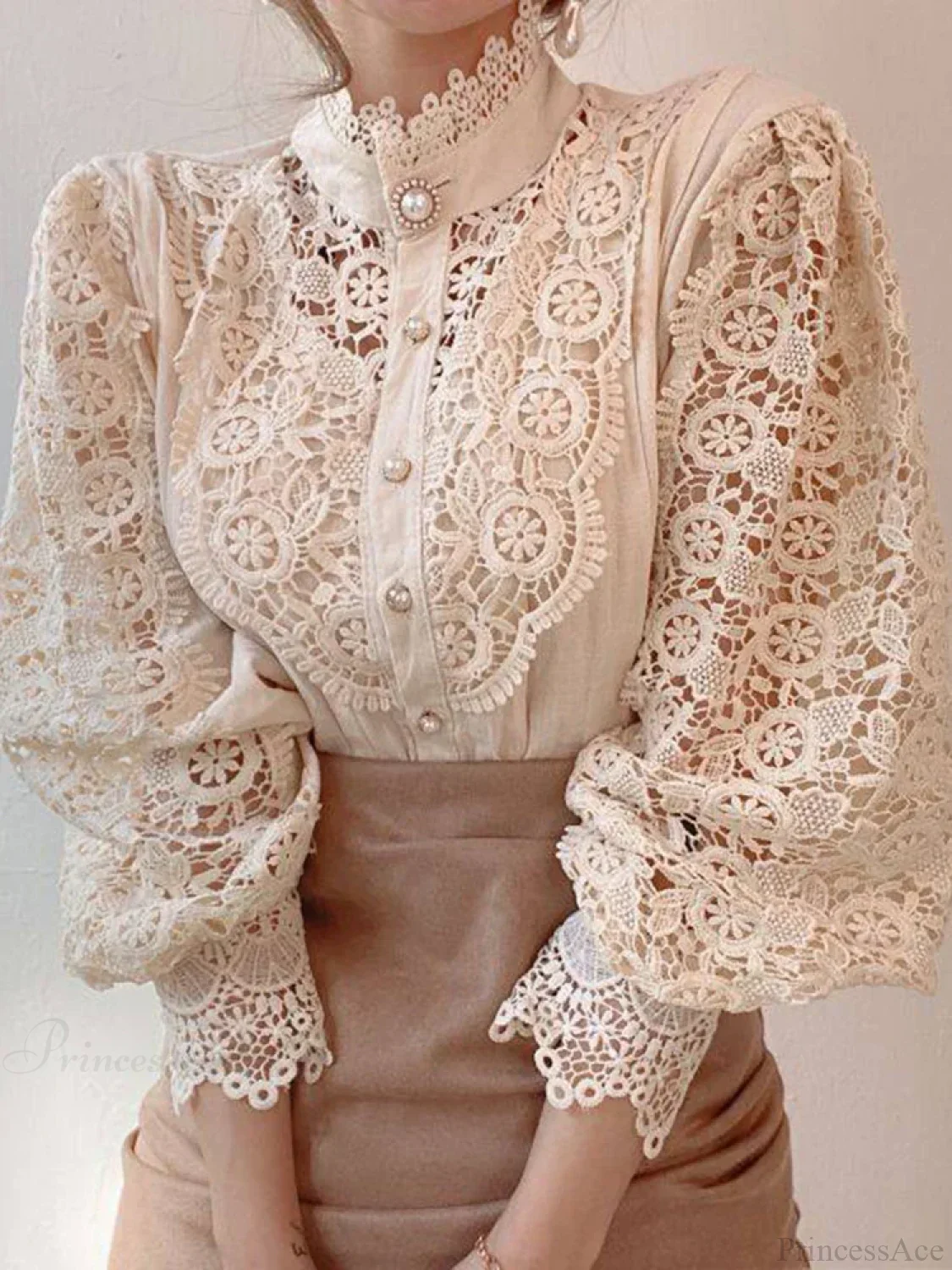 Sweet Hollow Lace Patchwork Button White Blouse - Image 6