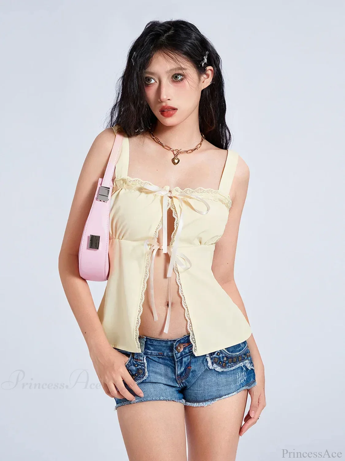 Sweet Lace Trim Tie-up Square Neck Slit Tank Vest - Image 6