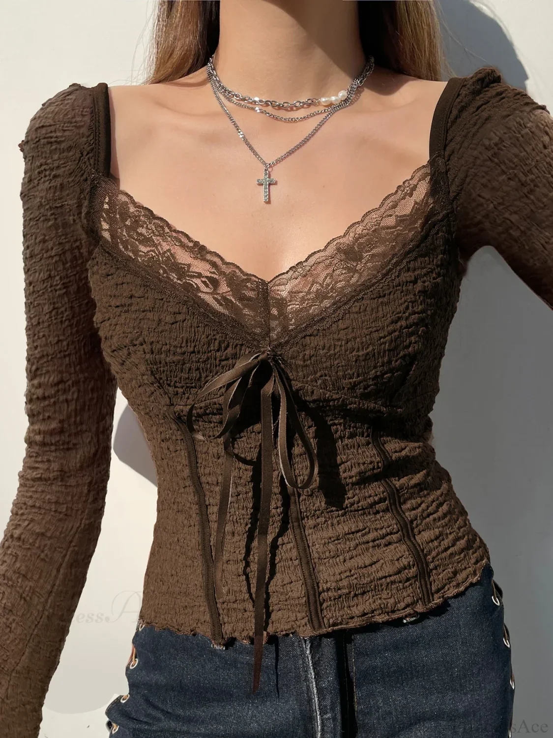Sweet Patchwork Lace Trim Slim Square Collar Long Sleeve Knit Top - Image 2