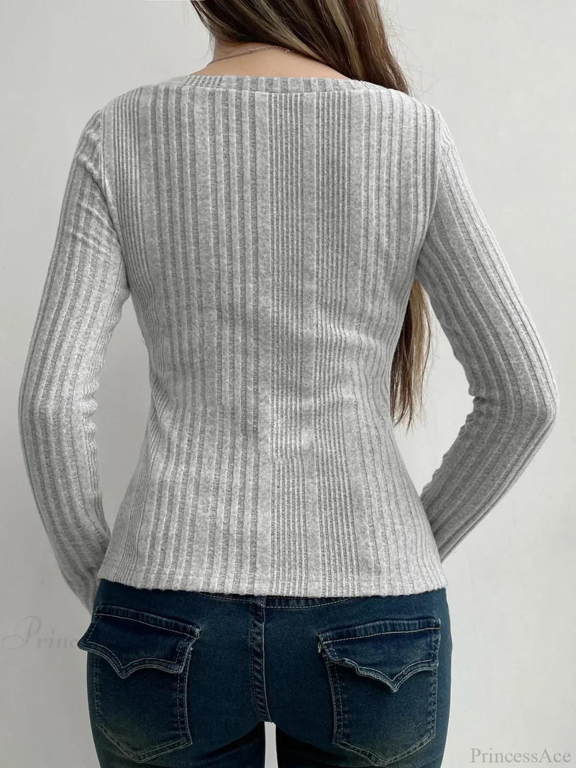 Sweet Solid Split Square Collar Long Sleeve Knit Top - Image 3
