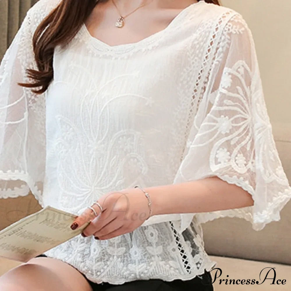 Sweet Spring Lace Fashion and Women's Warm-Season Out Hollow White Blouse Top - Image 9