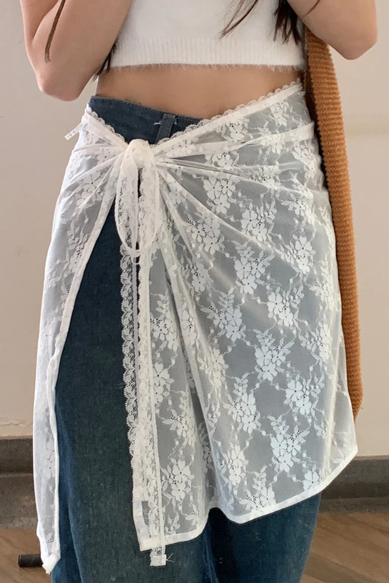 White Lace Apron Skirt with Tie Versatile Half Skirt