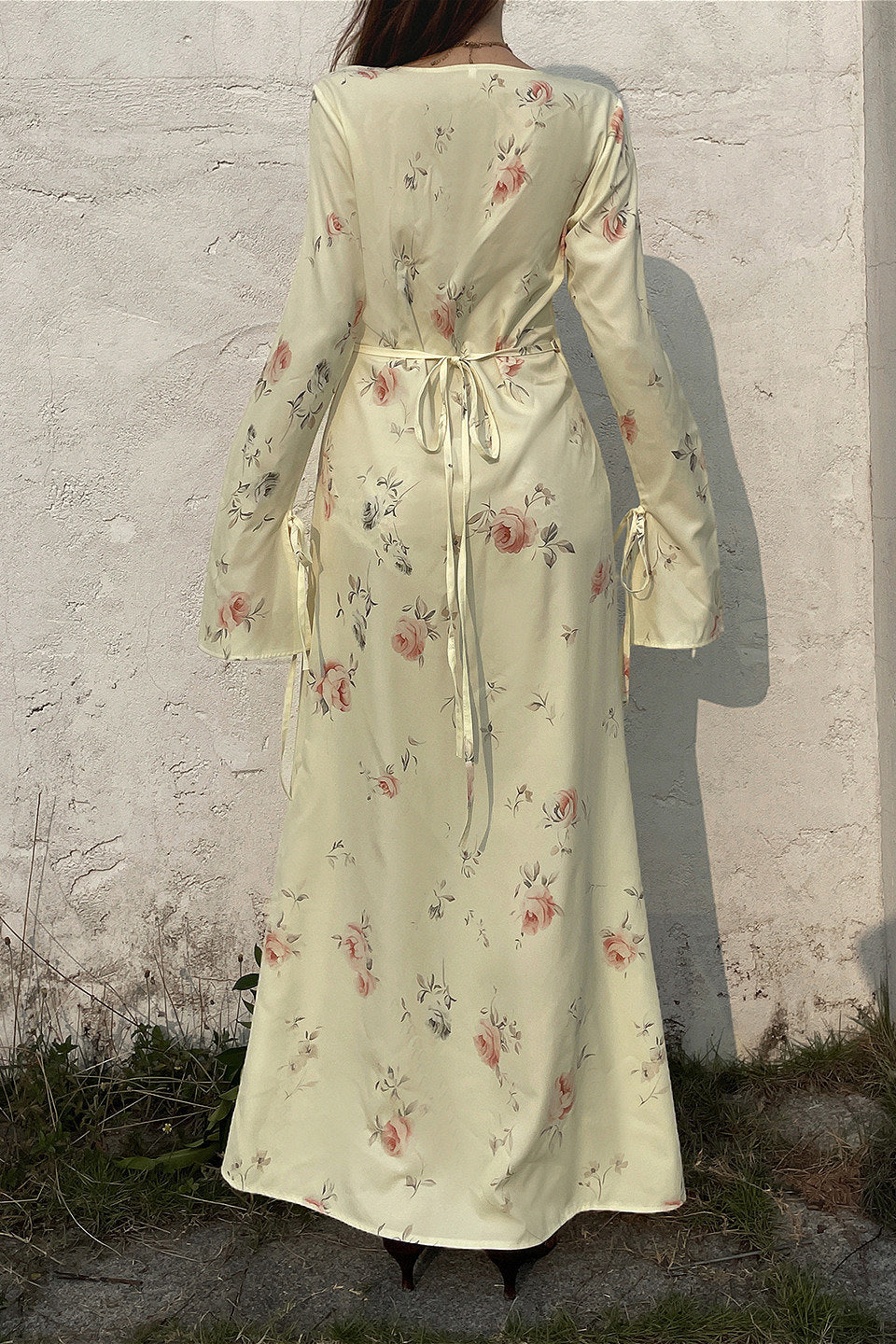 Sweet V Neck Flare Sleeve Wrap Tie Slim Maxi Floral Dress - Image 4