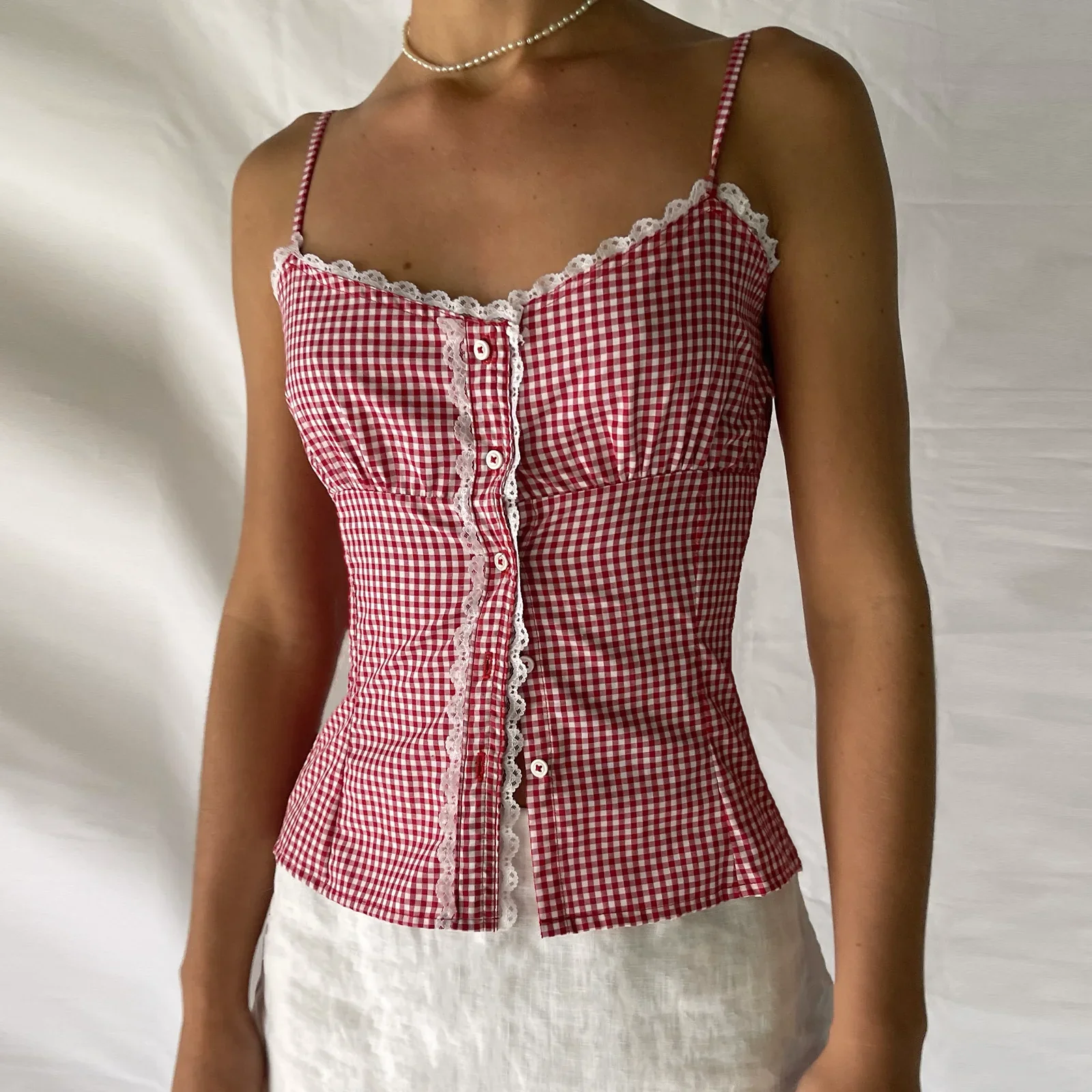 Sweetheart Plaid Button Crop Top