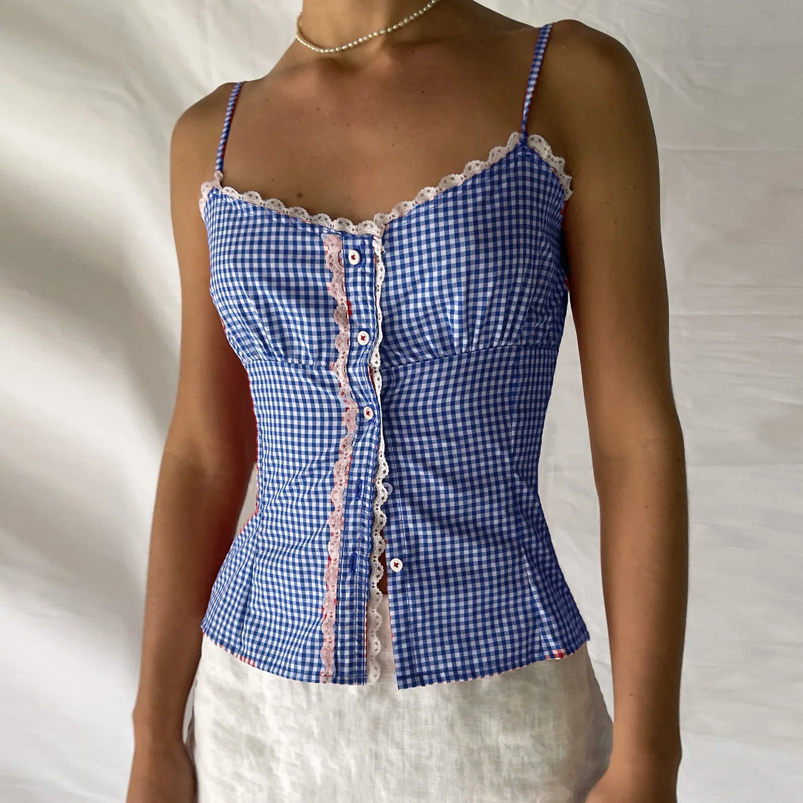 Sweetheart Plaid Button Crop Top - Image 5