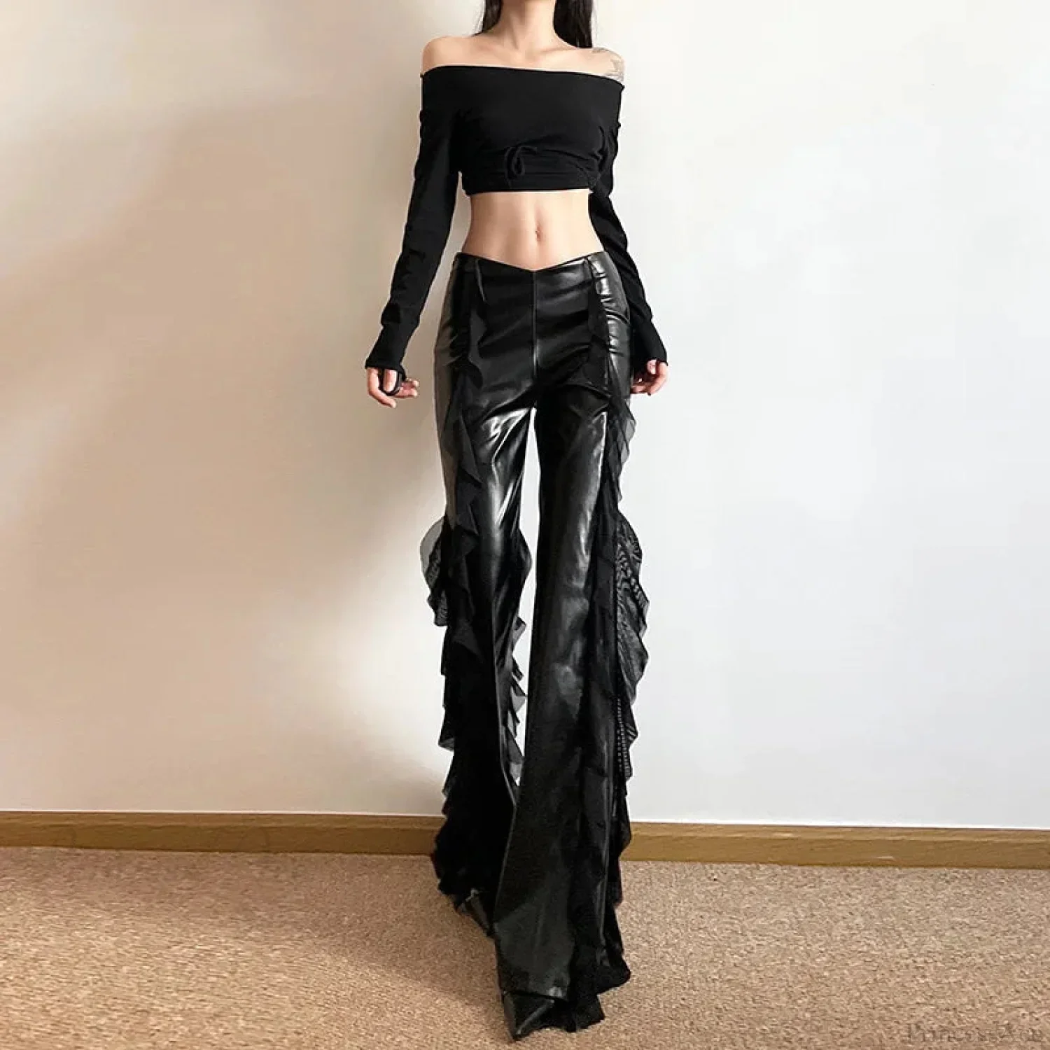 Tall Waist Gothic False PU Mesh Pant - Image 3