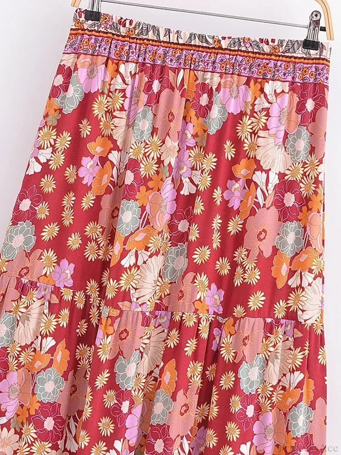 Tassel Elastic Waist Floral Printed Beach Boho Pleated Maxi Skirt - Image 2