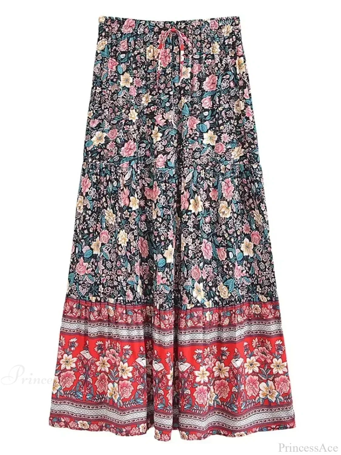 Tassel Floral Print Beach Boho Pleated Maxi Skirt Femme - Image 3