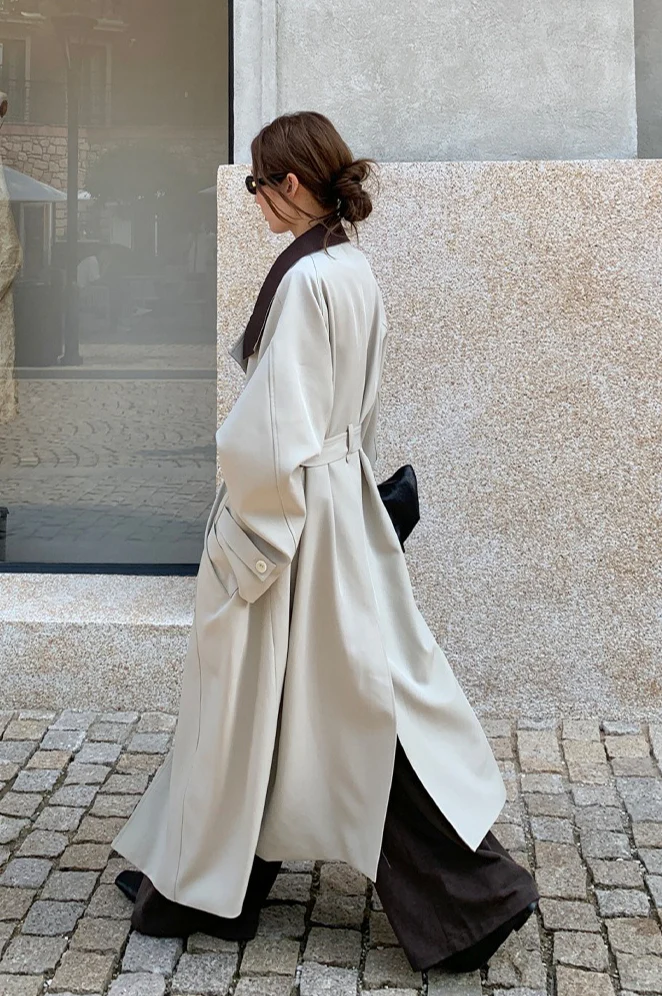 THE MIND British Style Contrast-Collar Long Overcoat - Image 4