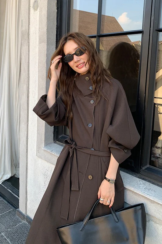 THE MIND British Style Contrast-Collar Long Overcoat - Image 7
