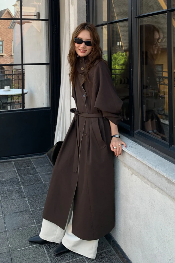 THE MIND British Style Contrast-Collar Long Overcoat - Image 8