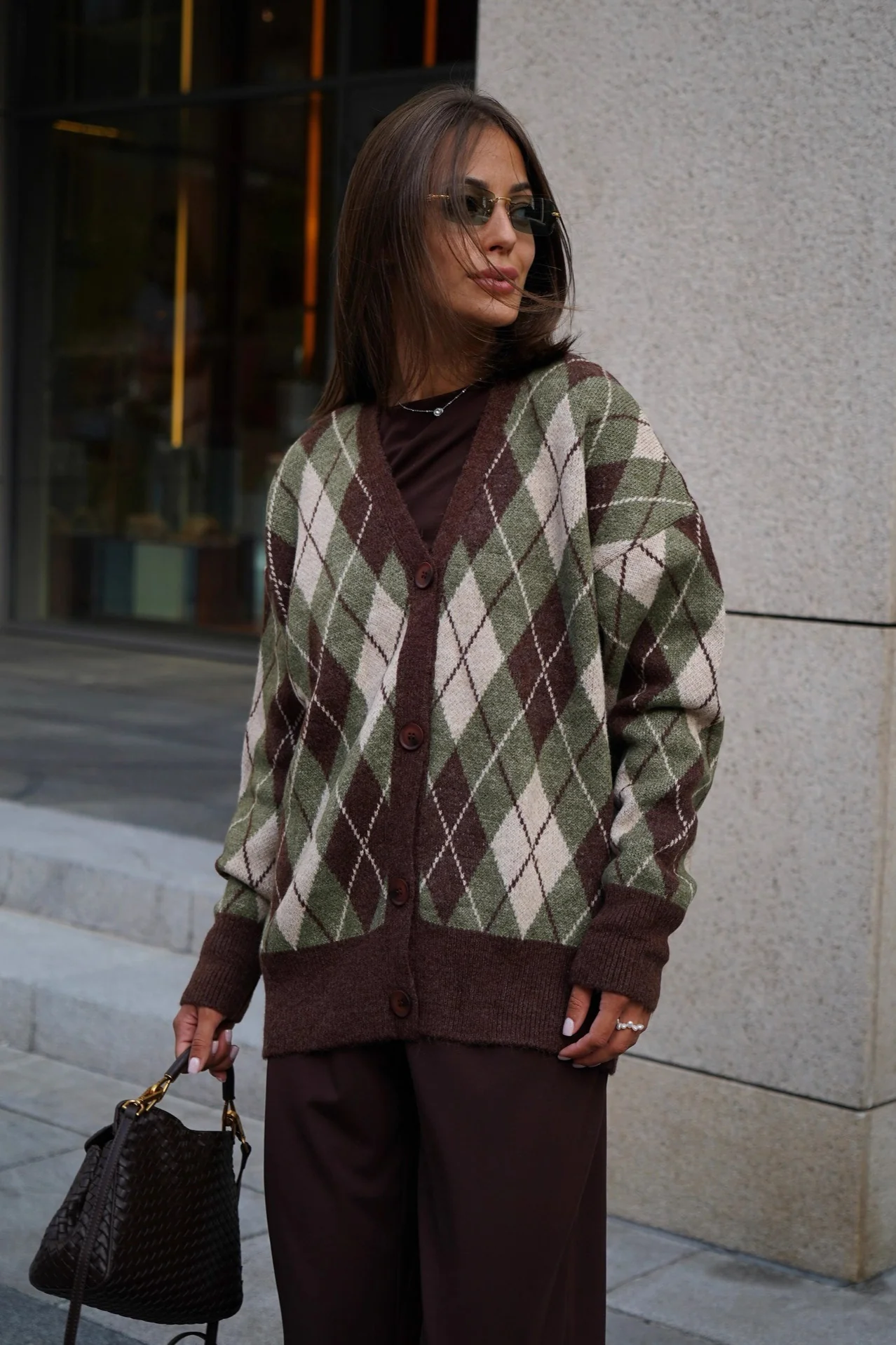 Thick Plaid V Neck Loose Long Sleeve Knit Cardigan