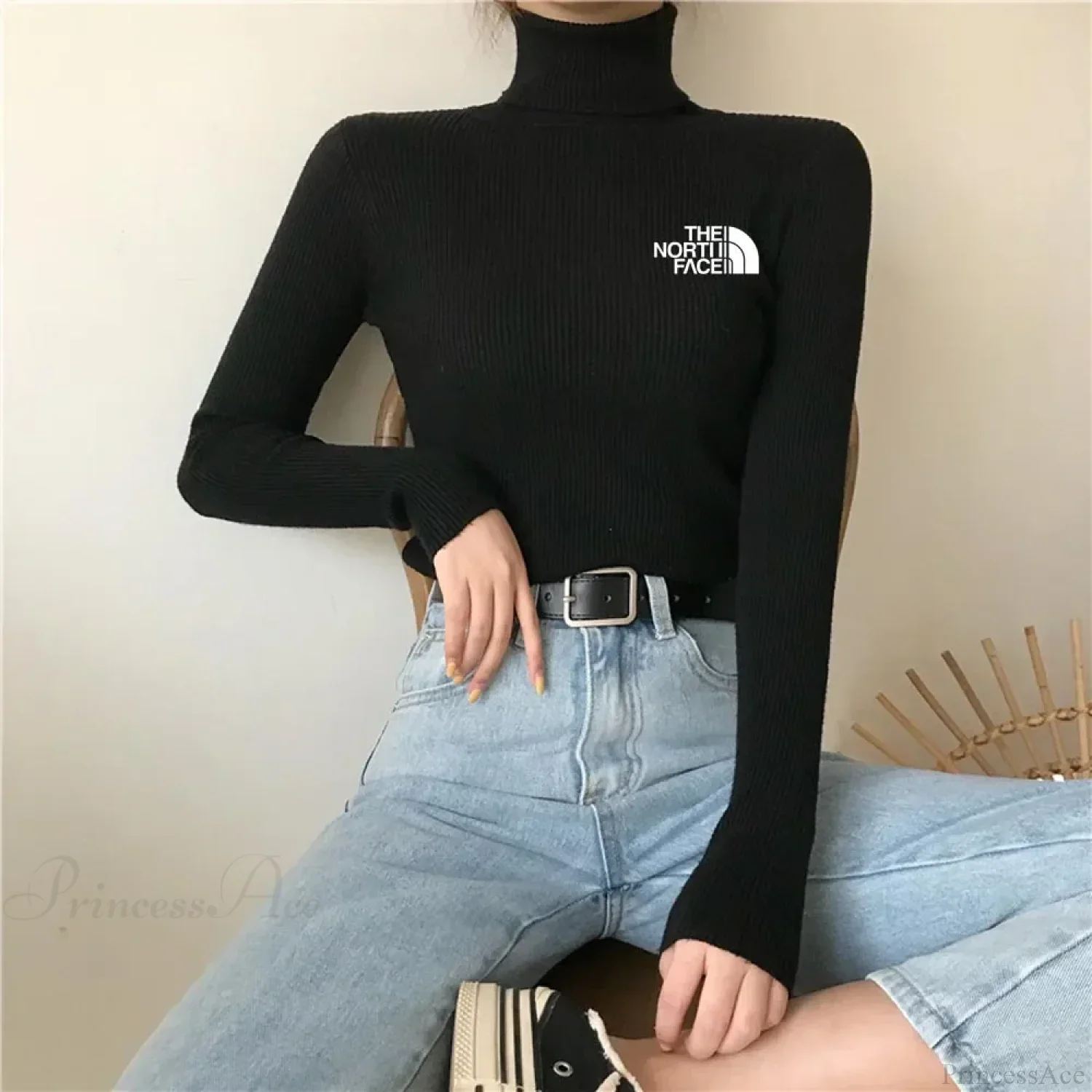 Thick Ribbed Sweater Cotton Turtleneck Knit Pullover Top - Image 3