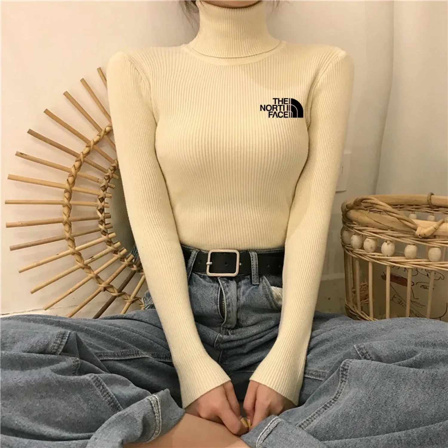 Thick Ribbed Sweater Cotton Turtleneck Knit Pullover Top - Image 6