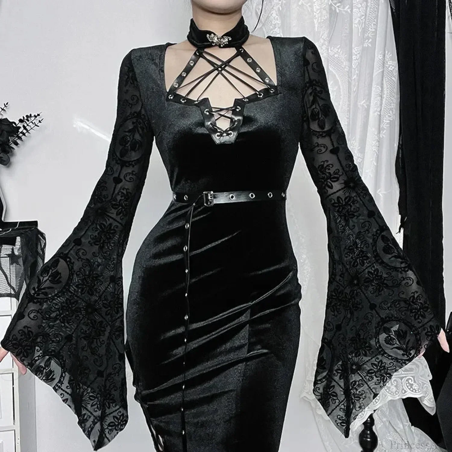 Thin Suede Separated Flared Full-Length Dress - Image 4