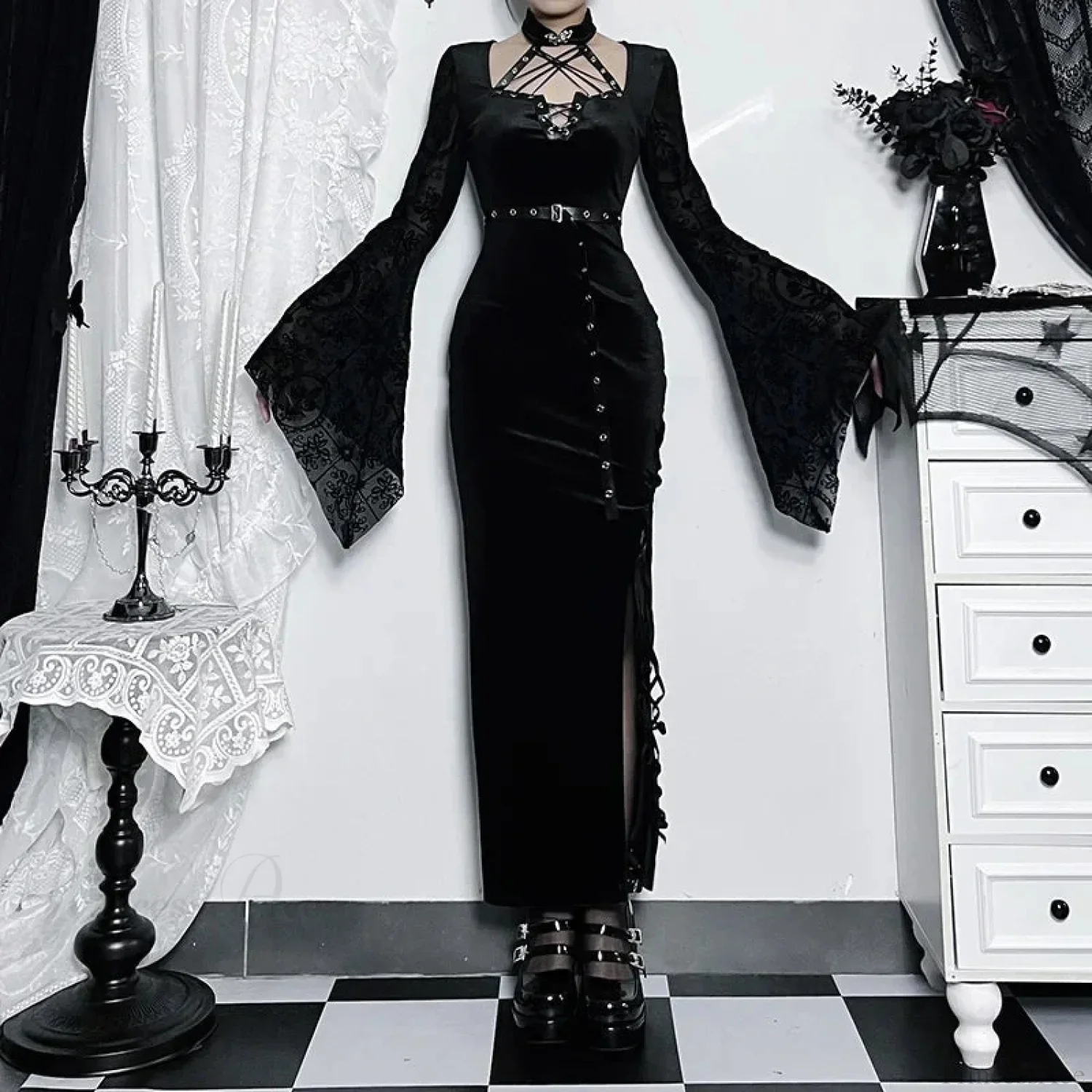 Thin Suede Separated Flared Full-Length Dress - Image 5