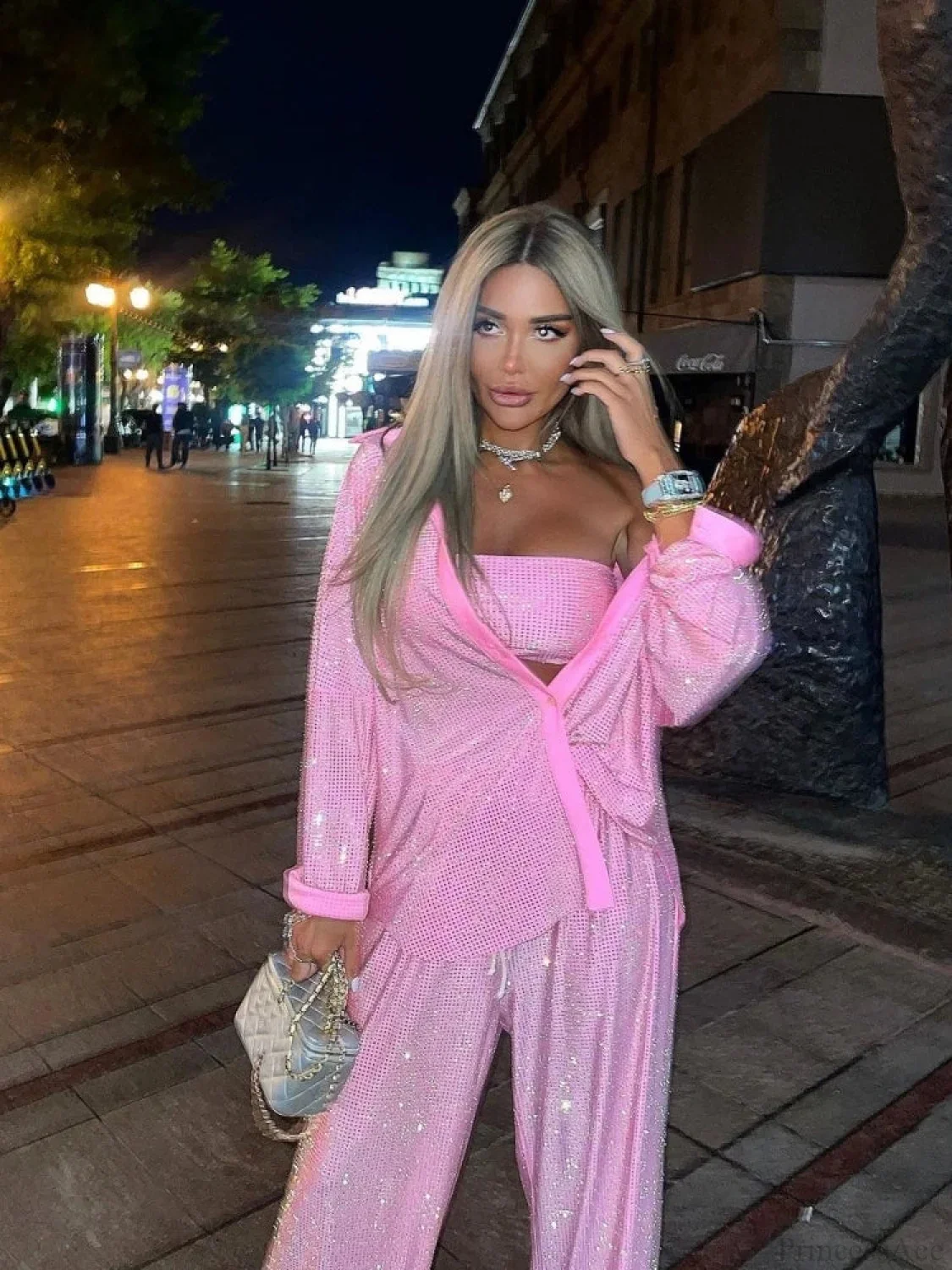Three Piece Pants Set Sexy Sparkle Diamonds Long Sleeve Pink Party Dress - Image 2