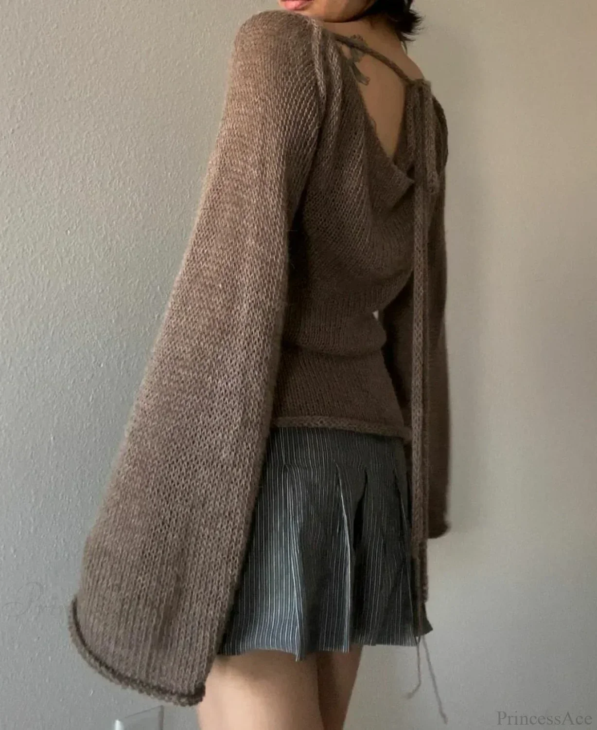 Tie Back Boat Neck Solid Color Sweater - Image 2