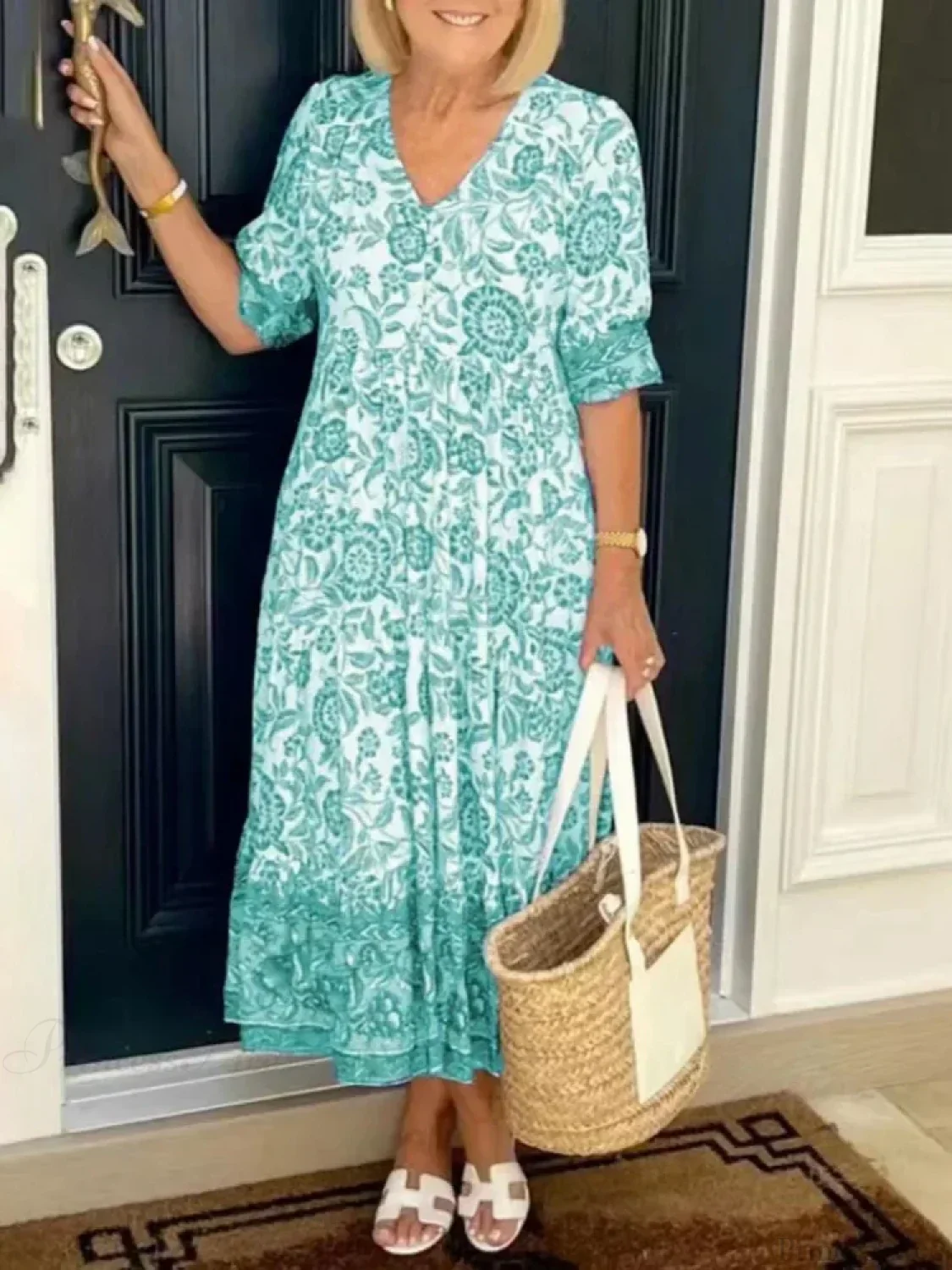 Tie-dye V-neck Floral Dress Plus Size Loose Summer Dress - Image 3