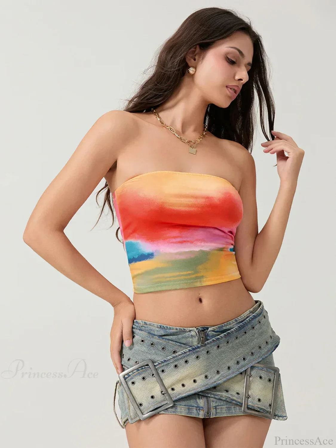 Tie-dyed Wrap Strapless Sleeveless Off-shoulder Tube Top - Image 3